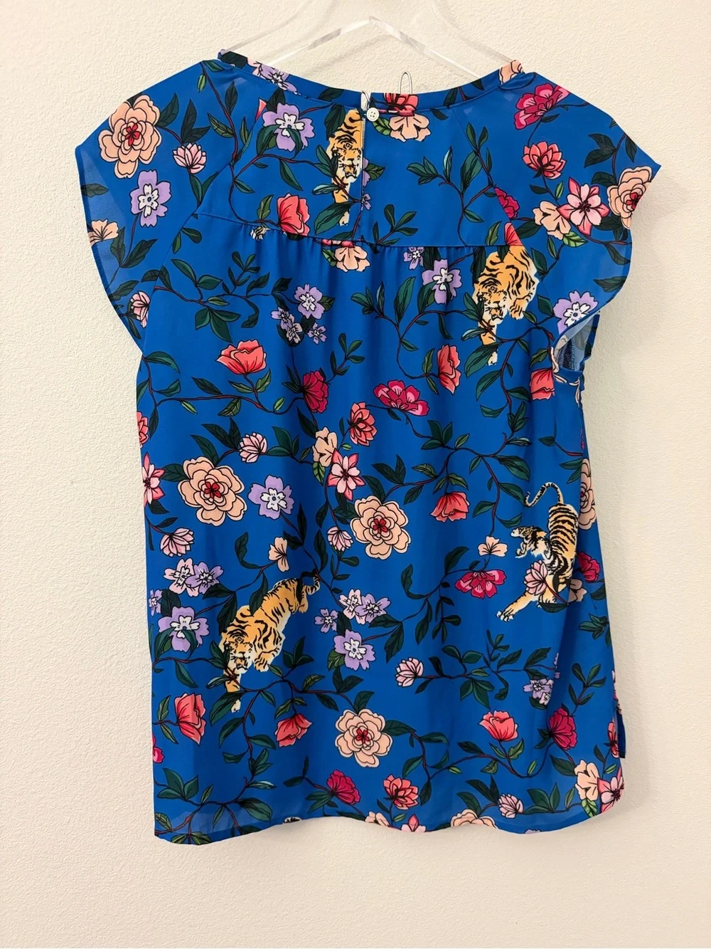 LOFT Blue Floral & Tiger Cap-Sleeve Blouse
